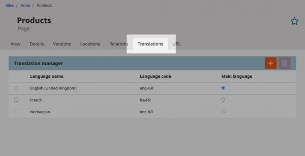 Viewing the Translations tab of a content item in eZ Platform content repository